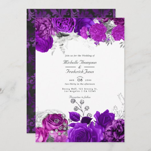 Royal Paars & Silver Floral Wedding QR Code Rsvp Kaart (Voorkant / Achterkant)