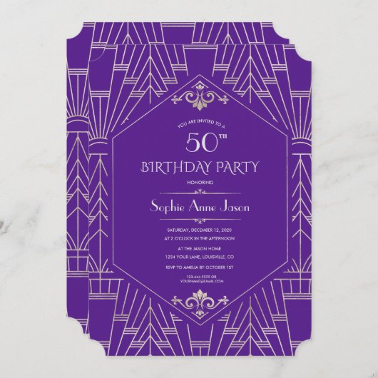 Royal Paars Silver Great Gatsby Birthday Party Kaart (Voorkant / Achterkant)