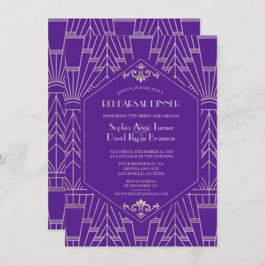 Royal Paars Silver Great Gatsby Rehearsal Dinner Kaart (Voorkant / Achterkant)