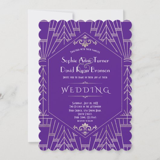 Royal Paars Silver Great Gatsby Wedding 1920 Kaart (Voorkant)