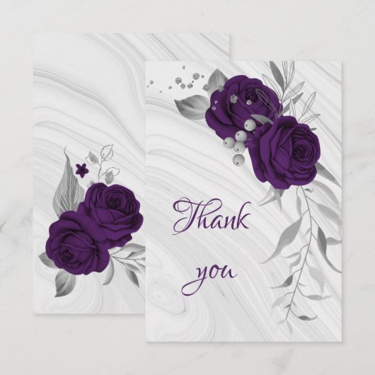 royal paars Silver Grey floral Bedankkaart (Voorkant / Achterkant)