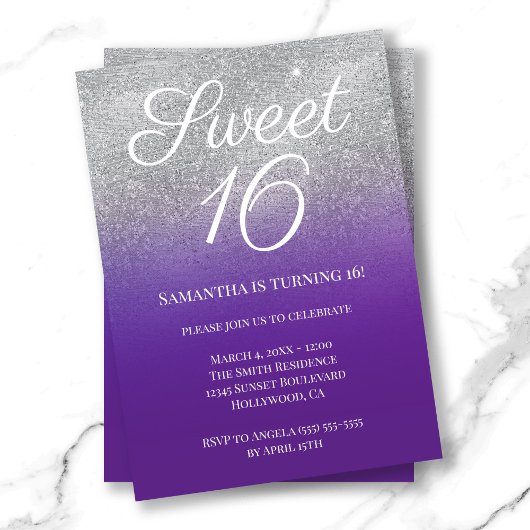 Royal Paars Silver Ombre Glitter Sweet 16 Kaart