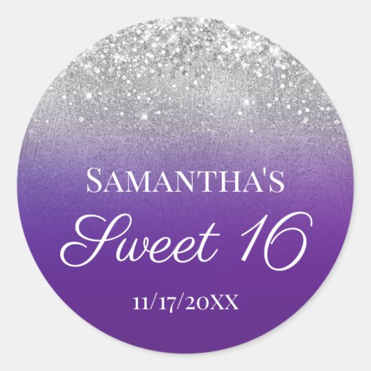 Royal Paars Silver Ombre Glitter Sweet 16 Ronde Sticker (Voorkant)