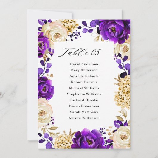 Royal Paars Violet Gold Botanical Seating Chart I Kaart (Achterkant)