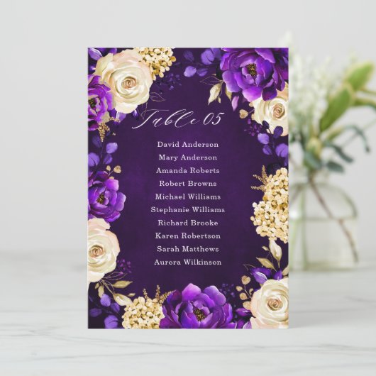 Royal Paars Violet Gold Botanical Seating Chart I Kaart (Staand voorkant)
