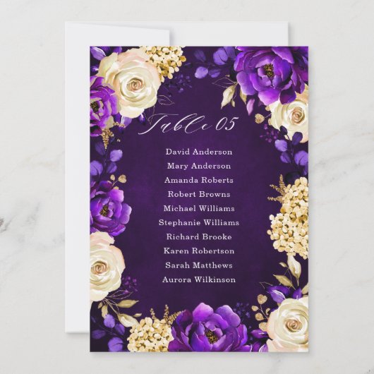 Royal Paars Violet Gold Botanical Seating Chart I Kaart (Achterkant)