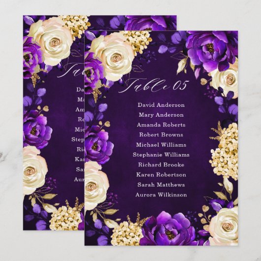 Royal Paars Violet Gold Botanical Seating Chart I Kaart (Voorkant / Achterkant)