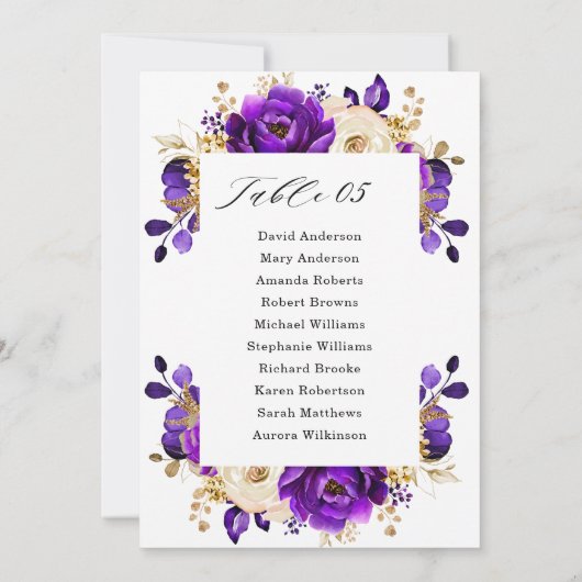 Royal Paars Violet Gold Botanical Seating Chart Kaart (Achterkant)