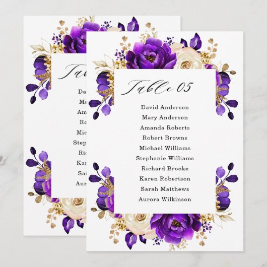 Royal Paars Violet Gold Botanical Seating Chart Kaart (Voorkant / Achterkant)