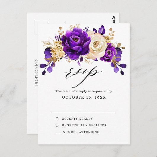 Royal Paars Violet Gold Botanical Weddenschap RSVP Briefkaart (Voorkant / Achterkant)
