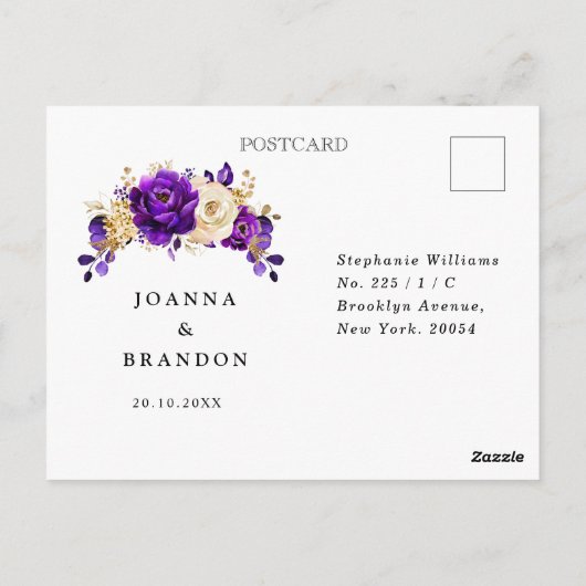 Royal Paars Violet Gold Botanical Weddenschap RSVP Briefkaart (Achterkant)