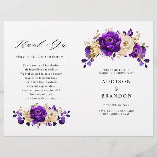 Royal Paars Violet Gold Botanical Wedding Programm (Voorkant)