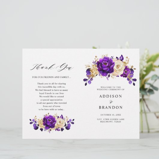 Royal Paars Violet Gold Botanical Wedding Programm (Staand voorkant)