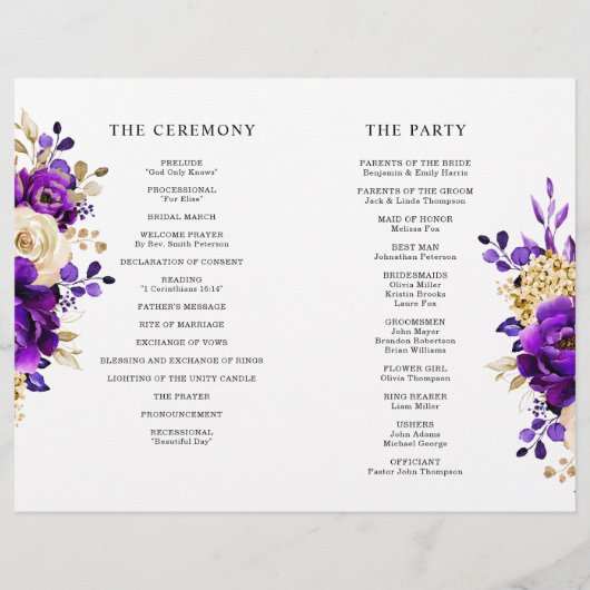 Royal Paars Violet Gold Botanical Wedding Programm (Achterkant)