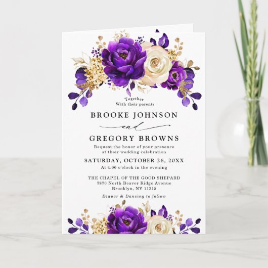Royal Paars Violet Gold Floral Botanical Wedding (Voorkant)