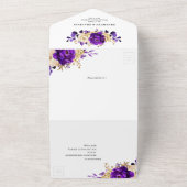 Royal Paars Violet Gold Floral Botanical Wedding All In One Uitnodiging (Buitenkant)