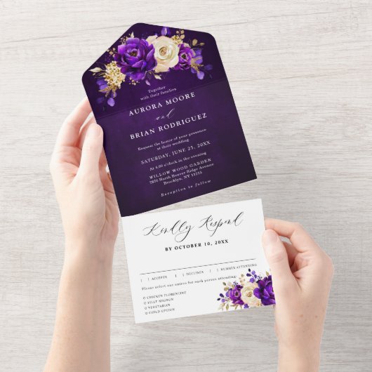 Royal Paars Violet Gold Floral Botanical Wedding All In One Uitnodiging (Afscheurbaar)