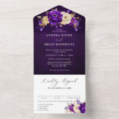 Royal Paars Violet Gold Floral Botanical Wedding All In One Uitnodiging (Binnen)