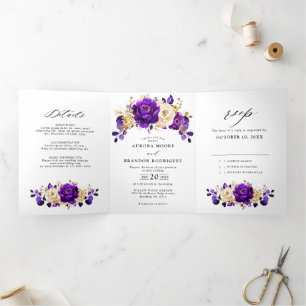 Royal Paars Violet Gold Floral Botanical Wedding Drieluik Aankondiging