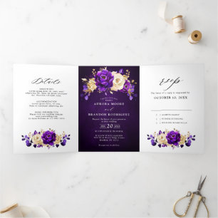 Royal Paars Violet Gold Floral Botanical Wedding Drieluik Aankondiging