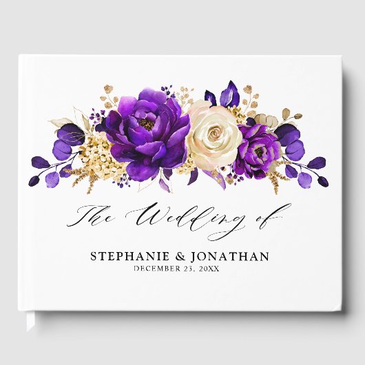 Royal Paars Violet Gold Floral Botanical Wedding Gastenboek (Voorkant)