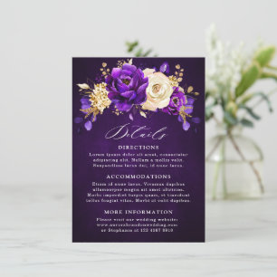 Royal Paars Violet Gold Floral Botanical Wedding Informatiekaartje
