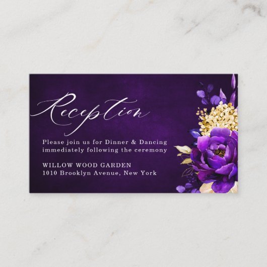 Royal Paars Violet Gold Floral Botanical Wedding Informatiekaartje (Voorkant)