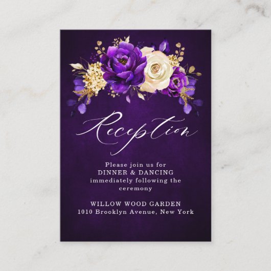 Royal Paars Violet Gold Floral Botanical Wedding Informatiekaartje (Voorkant)