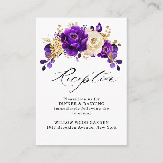 Royal Paars Violet Gold Floral Botanical Wedding Informatiekaartje (Voorkant)