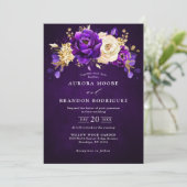 Royal Paars Violet Gold Floral Botanical Wedding Kaart (Staand voorkant)