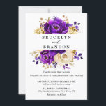 Royal Paars Violet Gold Floral Botanical Wedding Kaart<br><div class="desc">Elegant royal paarse gold thema bruiloft Uitnodiging met elegante bouquet van koninklijk paars,  Indigo,  goud,  gele kleur roos bloemen knoppen en eucalyptusbladeren. Neem contact met mij op voor hulp bij aanpassingen of als u een ander product nodig hebt met dit ontwerp.</div>