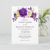 Royal Paars Violet Gold Floral Botanical Wedding Kaart (Staand voorkant)