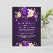 Royal Paars Violet Gold Floral Botanical Wedding Kaart (Staand voorkant)