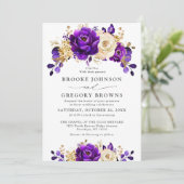 Royal Paars Violet Gold Floral Botanical Wedding Kaart (Staand voorkant)