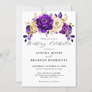 Royal Paars Violet Gold Floral Botanical Wedding Kaart