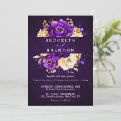 Royal Paars Violet Gold Floral Botanical Wedding Kaart (Staand voorkant)