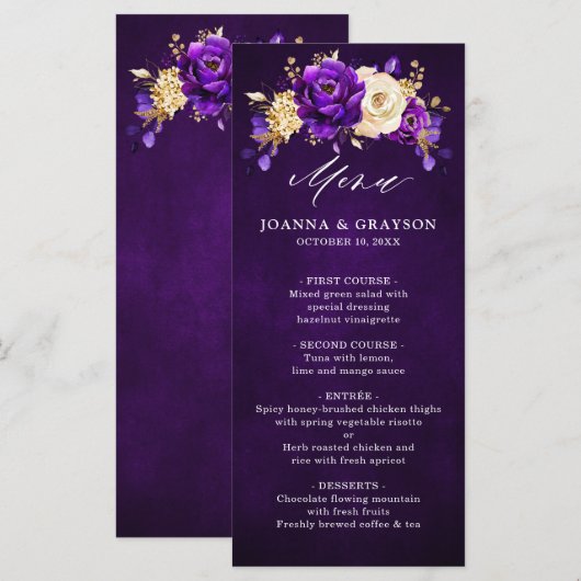 Royal Paars Violet Gold Floral Botanical Wedding Menu (Voorkant / Achterkant)