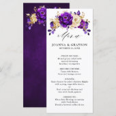 Royal Paars Violet Gold Floral Botanical Wedding Menu (Voorkant / Achterkant)