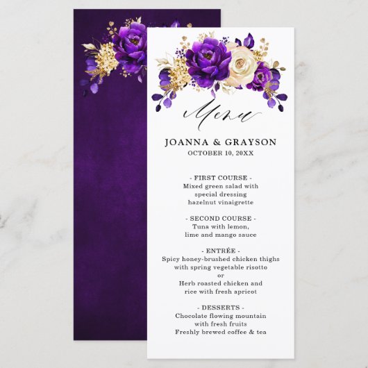 Royal Paars Violet Gold Floral Botanical Wedding Menu (Voorkant / Achterkant)