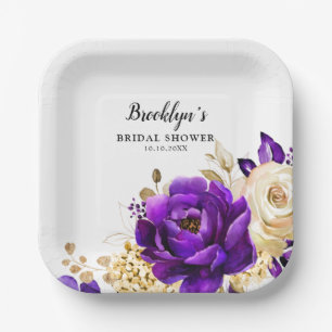 Royal Paars Violet Gold Floral Botanical Wedding Papieren Bordje