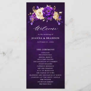 Royal Paars Violet Gold Floral Botanical Wedding Programmakaart