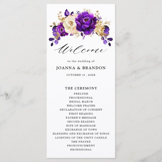 Royal Paars Violet Gold Floral Botanical Wedding Programmakaart (Voorkant)