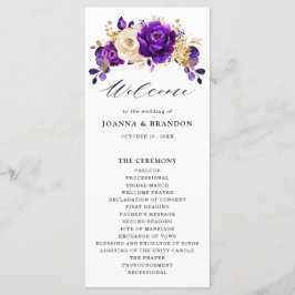 Royal Paars Violet Gold Floral Botanical Wedding Programmakaart