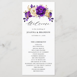 Royal Paars Violet Gold Floral Botanical Wedding Programmakaart