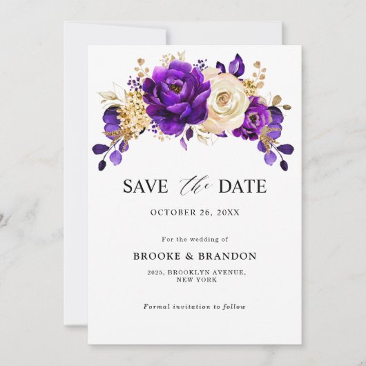 Royal Paars Violet Gold Floral Botanical Wedding Save The Date (Voorkant)