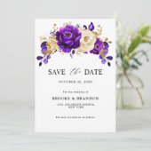 Royal Paars Violet Gold Floral Botanical Wedding Save The Date (Staand voorkant)