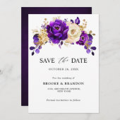 Royal Paars Violet Gold Floral Botanical Wedding Save The Date (Voorkant / Achterkant)