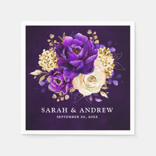 Royal Paars Violet Gold Floral Botanical Wedding Servet (Voorkant)
