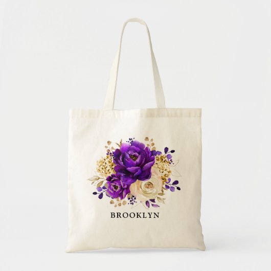 Royal Paars Violet Gold Floral Bridesmaid gift Tote Bag (Voorkant)
