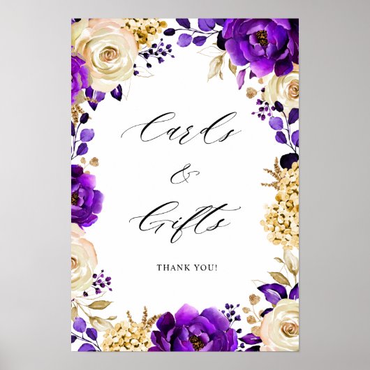Royal Paars Violet Gold Floral Kaarten & cadeautje Poster (Voorkant)